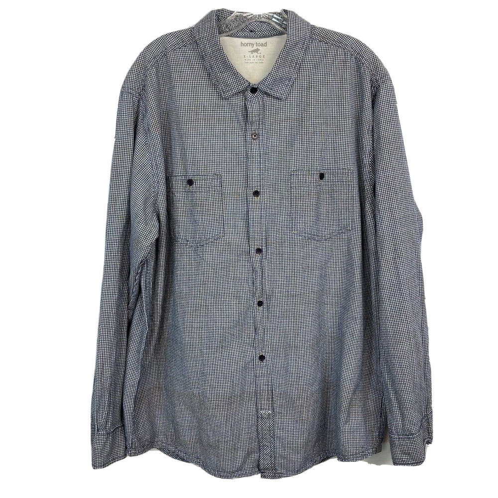 Horny Toad‎ Shirt Mens Sz XL Navy Blue White Gingham Organic Cotton Button Up